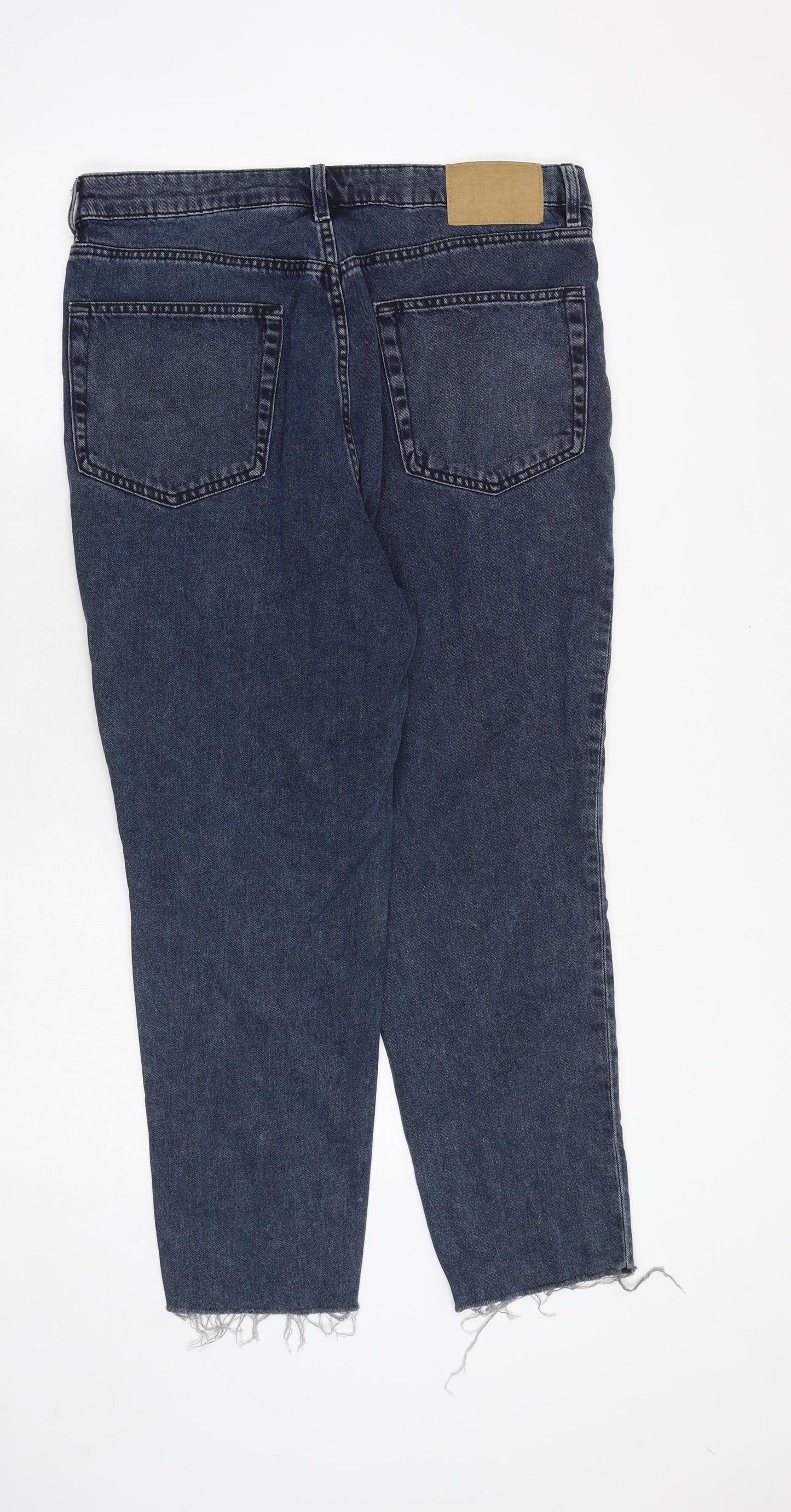 H&M Womens Blue Cotton Tapered Jeans Size 16 Regular Zip - Frayed Hem