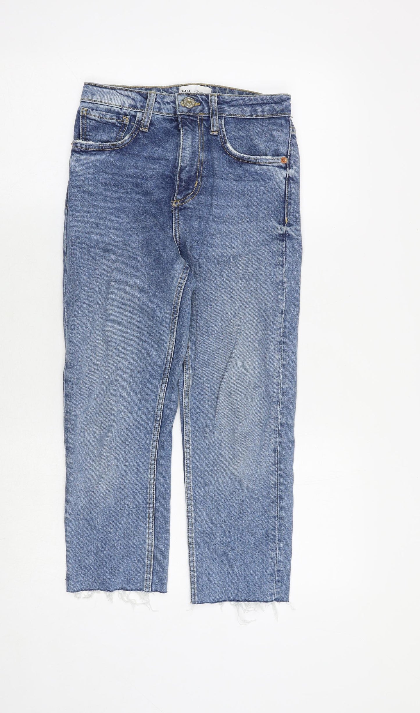Zara Womens Blue Cotton Straight Jeans Size 6 Regular Zip - Frayed Hem