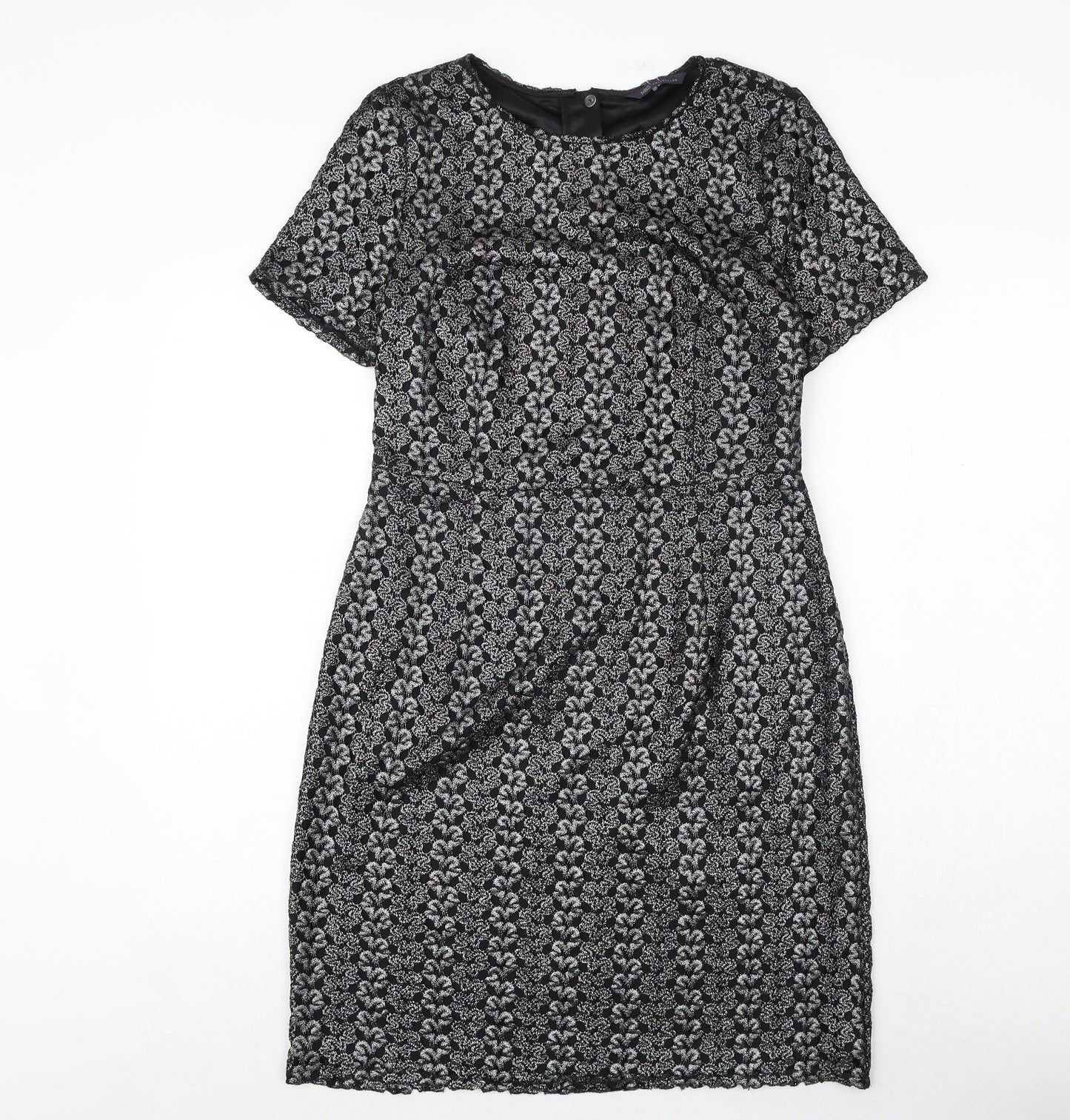 Marks and Spencer Womens Black Geometric Polyester A-Line Size 12 Round Neck Zip
