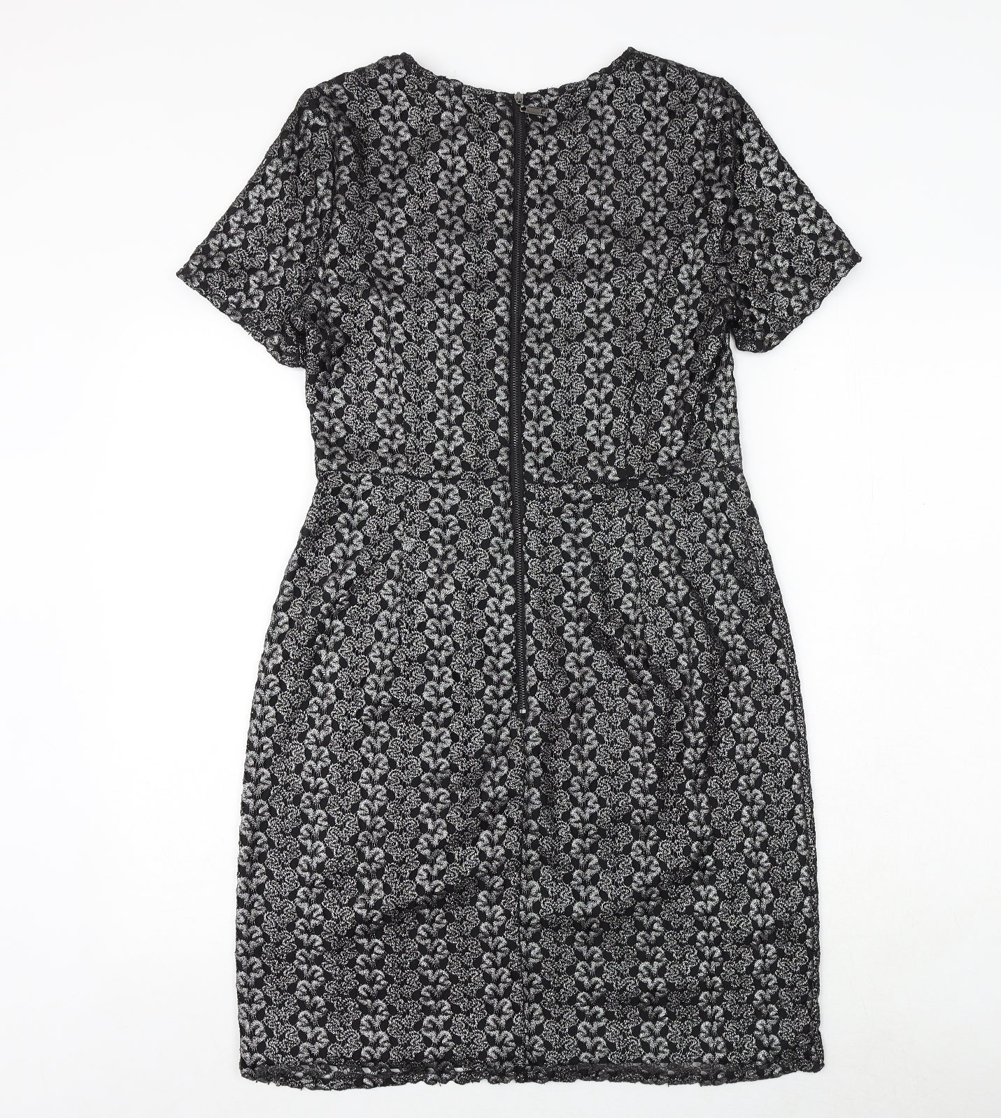 Marks and Spencer Womens Black Geometric Polyester A-Line Size 12 Round Neck Zip