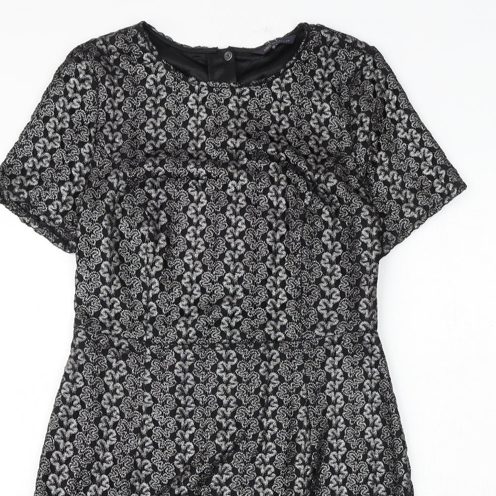 Marks and Spencer Womens Black Geometric Polyester A-Line Size 12 Round Neck Zip