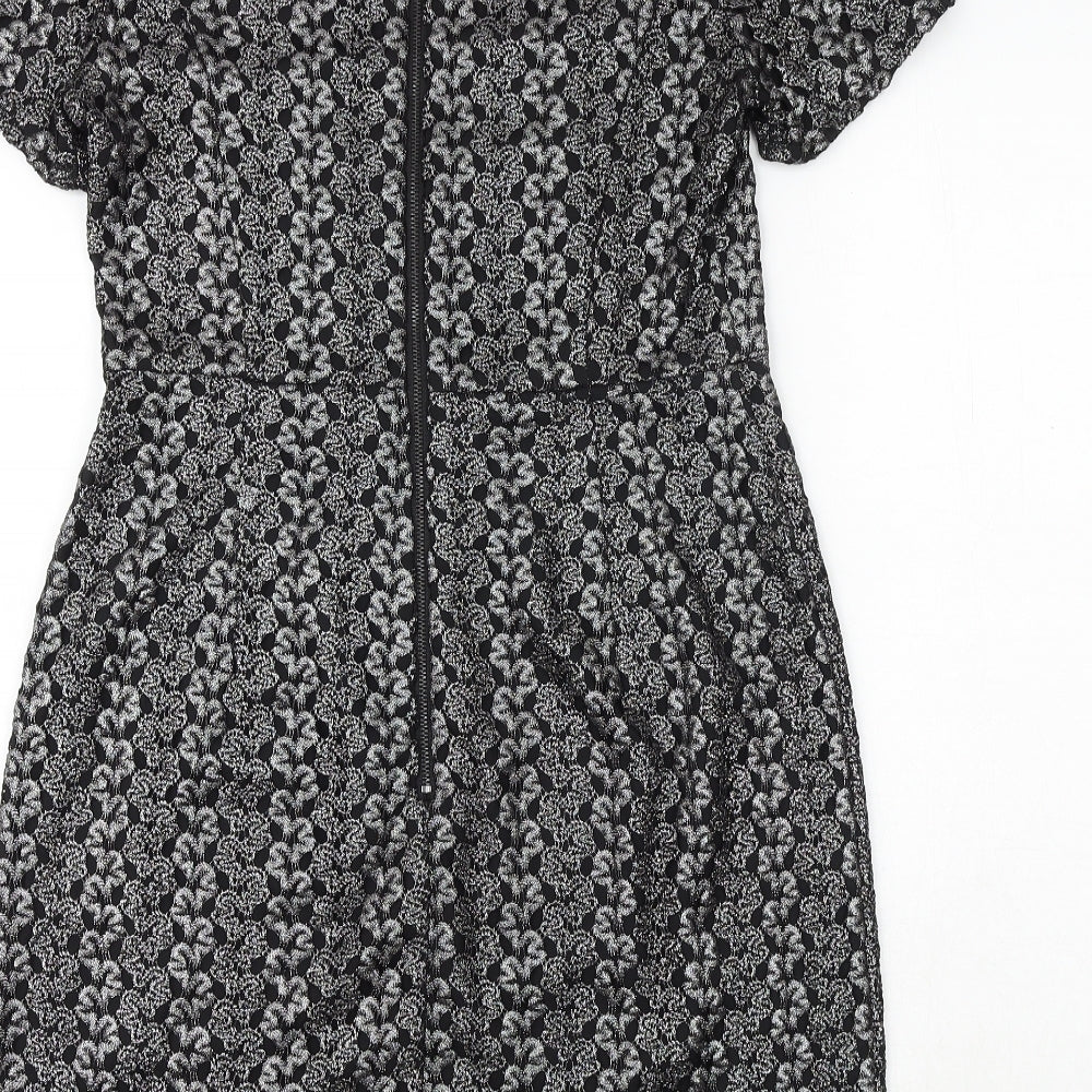 Marks and Spencer Womens Black Geometric Polyester A-Line Size 12 Round Neck Zip