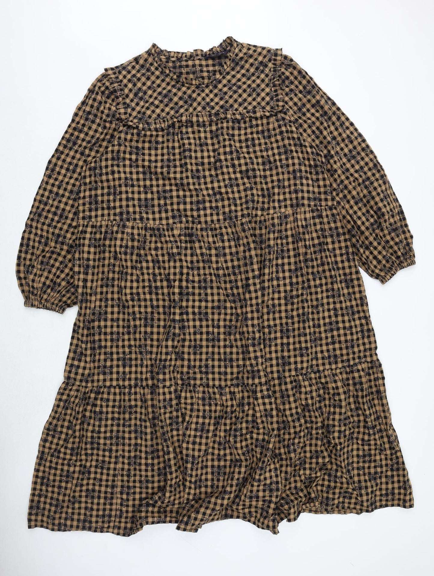 Marks and Spencer Womens Brown Gingham 100% Cotton Trapeze & Swing Size 18 Round Neck Button - Flower Pattern