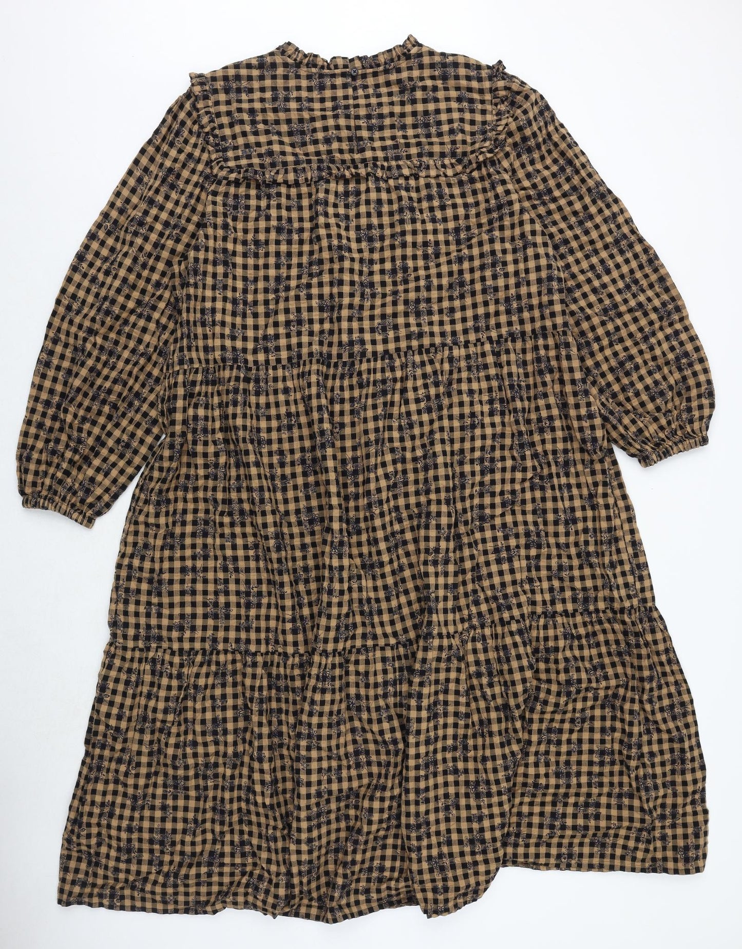 Marks and Spencer Womens Brown Gingham 100% Cotton Trapeze & Swing Size 18 Round Neck Button - Flower Pattern