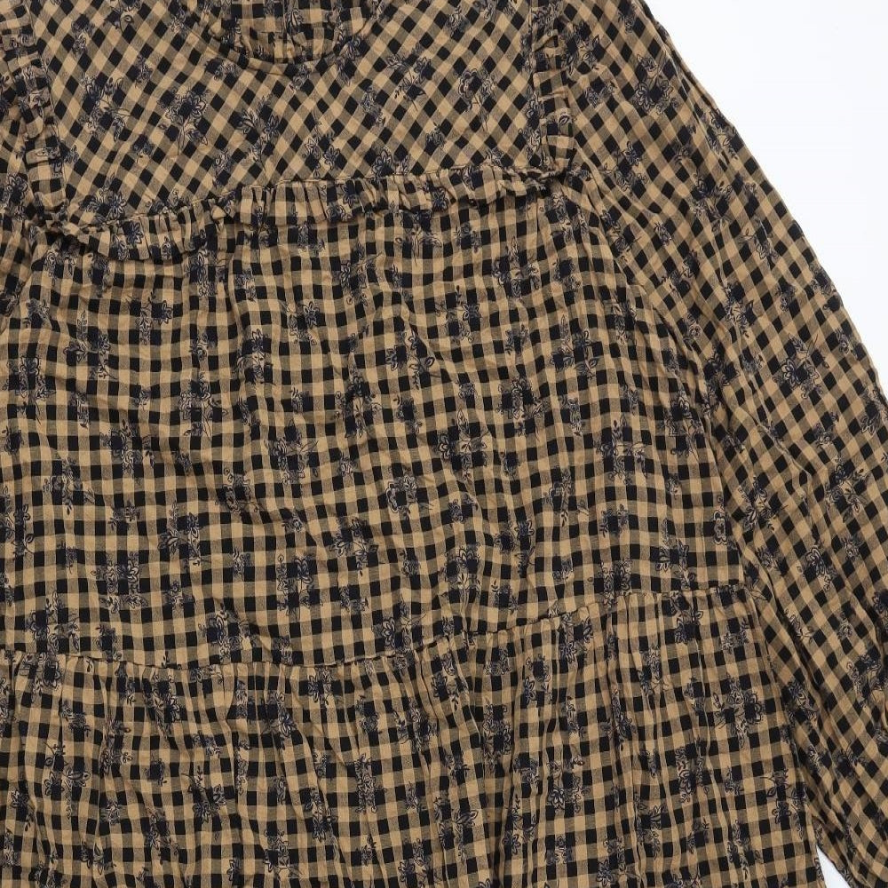Marks and Spencer Womens Brown Gingham 100% Cotton Trapeze & Swing Size 18 Round Neck Button - Flower Pattern