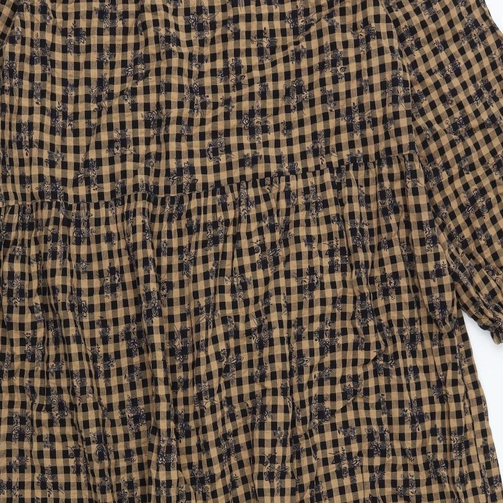 Marks and Spencer Womens Brown Gingham 100% Cotton Trapeze & Swing Size 18 Round Neck Button - Flower Pattern