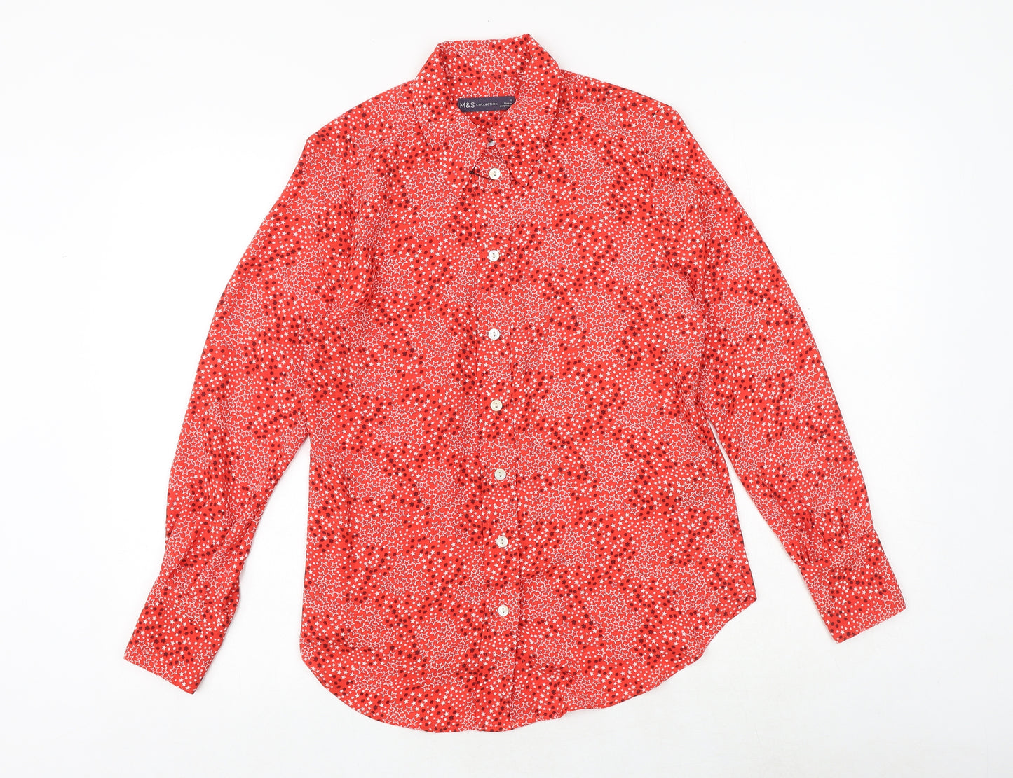 Marks and Spencer Womens Red Geometric Polyester Basic Button-Up Size 6 Collared