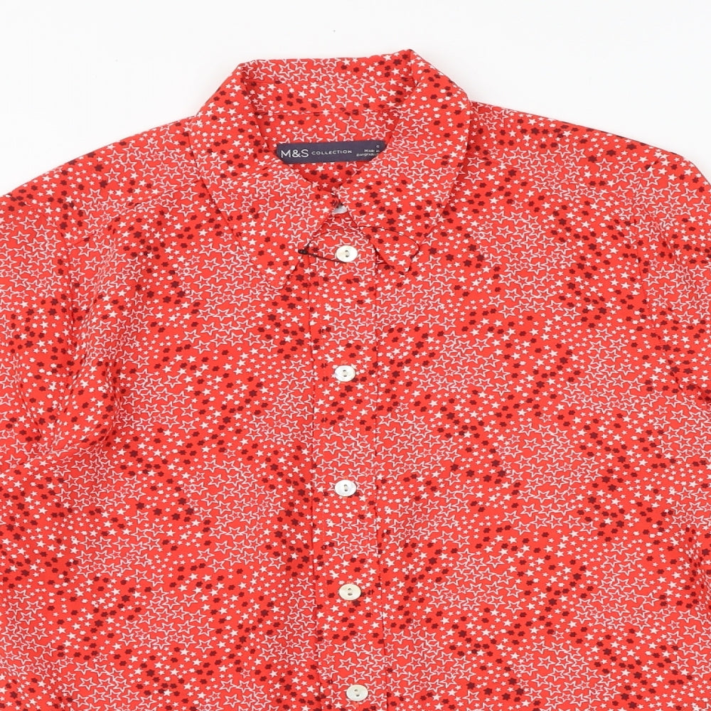 Marks and Spencer Womens Red Geometric Polyester Basic Button-Up Size 6 Collared