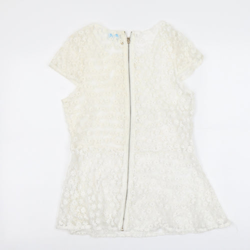 Blue Vanilla Womens Ivory Floral Polyester Basic Blouse Size L Round Neck