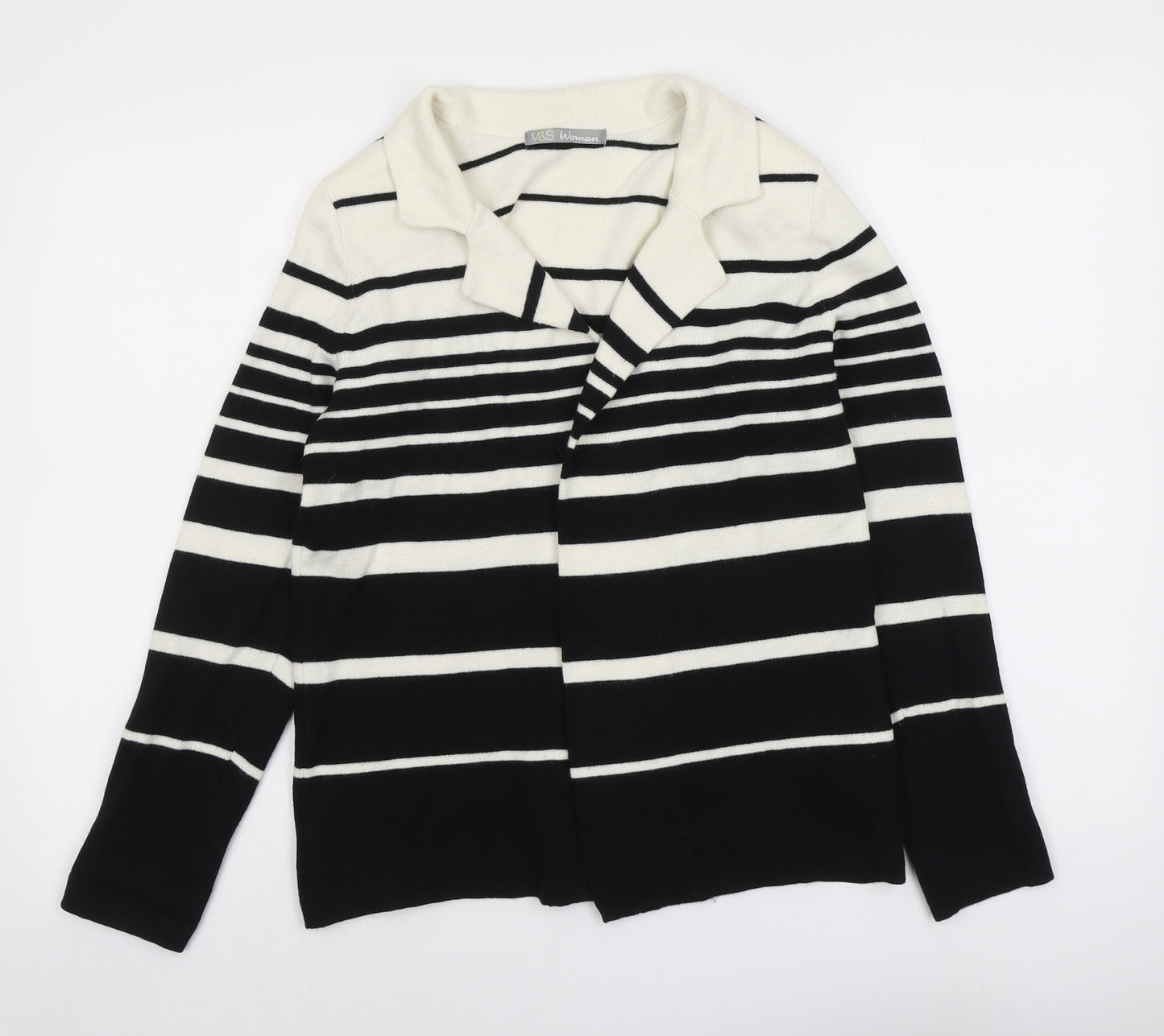 Marks and Spencer Womens Black Collared Striped Polyamide Cardigan Jumper Size 10