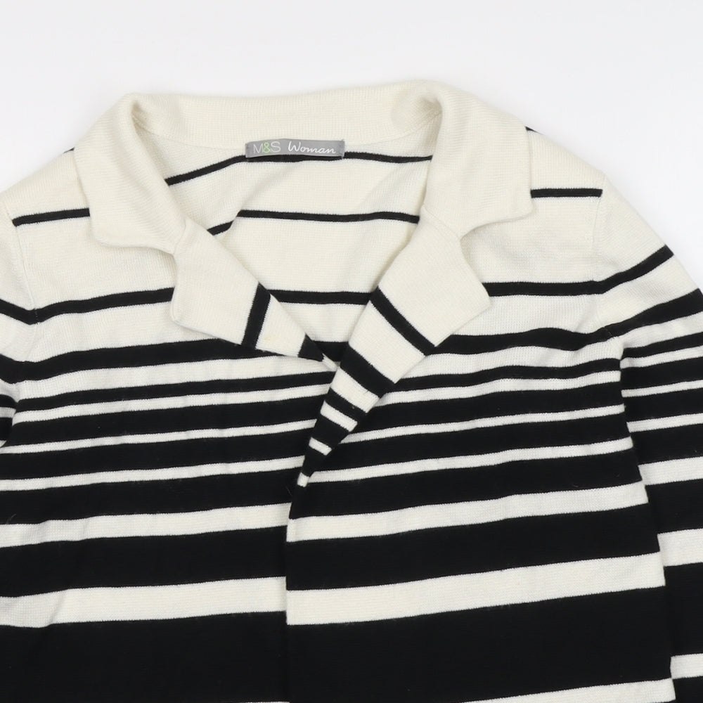 Marks and Spencer Womens Black Collared Striped Polyamide Cardigan Jumper Size 10
