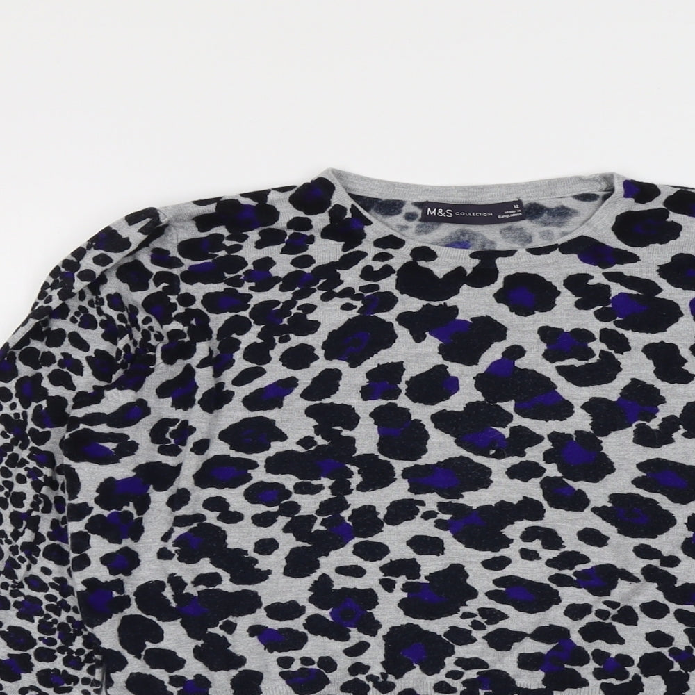 Marks and Spencer Womens Multicoloured Round Neck Animal Print Viscose Pullover Jumper Size 12 - Leopard Pattern