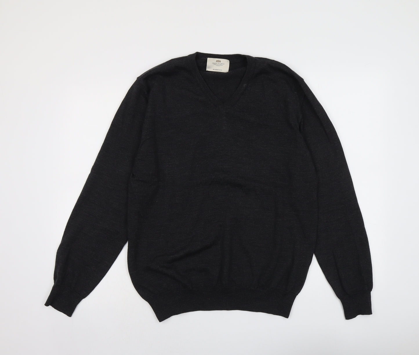 Hawes & Curtis Mens Grey V-Neck Wool Pullover Jumper Size M Long Sleeve