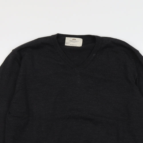 Hawes & Curtis Mens Grey V-Neck Wool Pullover Jumper Size M Long Sleeve