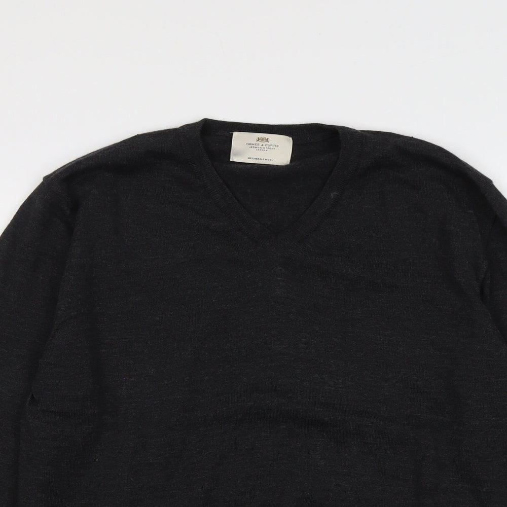Hawes & Curtis Mens Grey V-Neck Wool Pullover Jumper Size M Long Sleeve