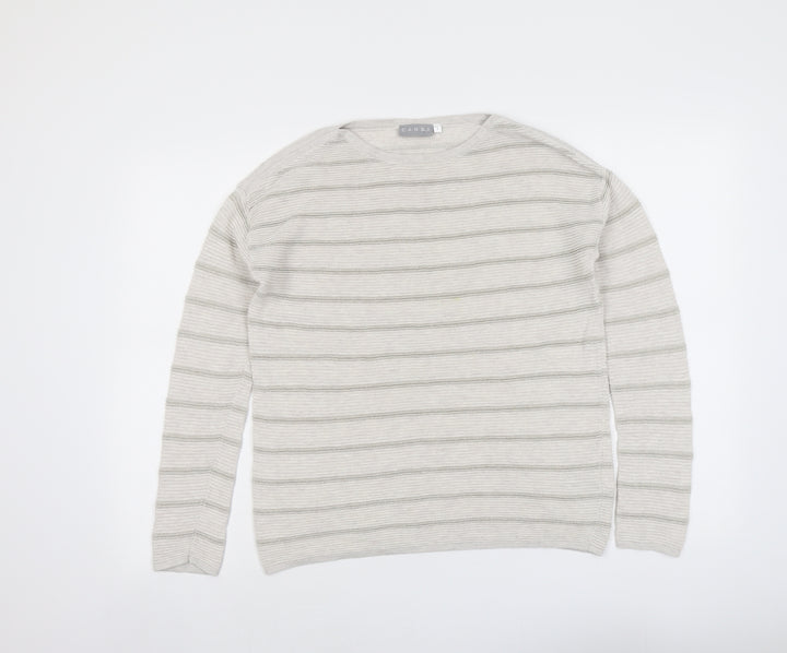 Canda Womens Beige Round Neck Striped Cotton Pullover Jumper Size S