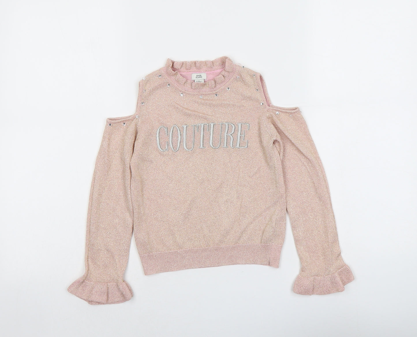 River Island Girls Pink Mock Neck Viscose Pullover Jumper Size 7-8 Years Pullover - Cold Shoulder