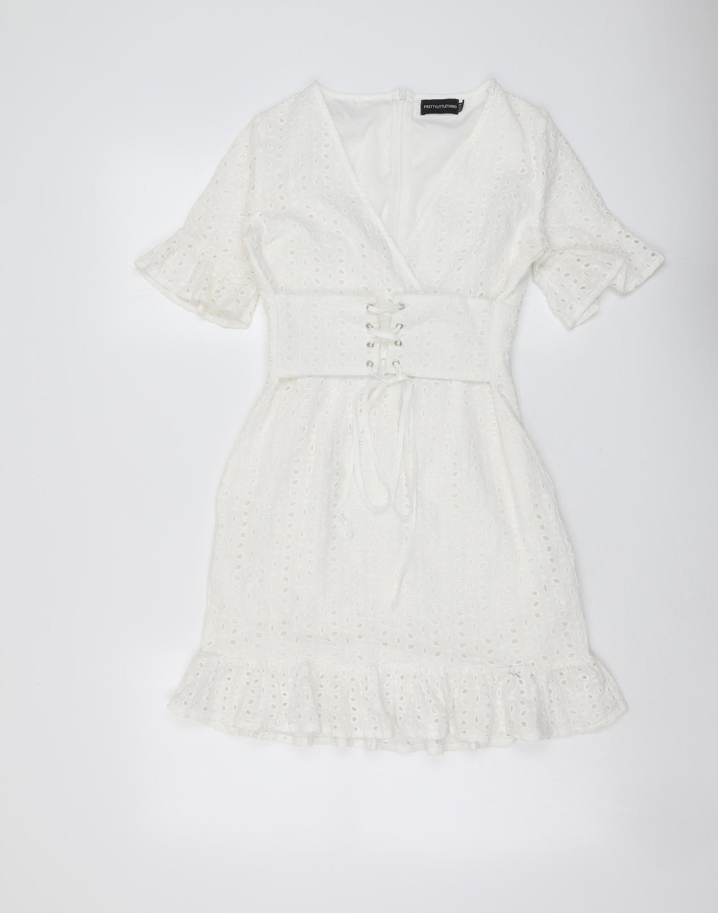 PRETTYLITTLETHING Womens Ivory Geometric Cotton Mini Size 6 V-Neck Zip