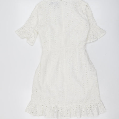 PRETTYLITTLETHING Womens Ivory Geometric Cotton Mini Size 6 V-Neck Zip