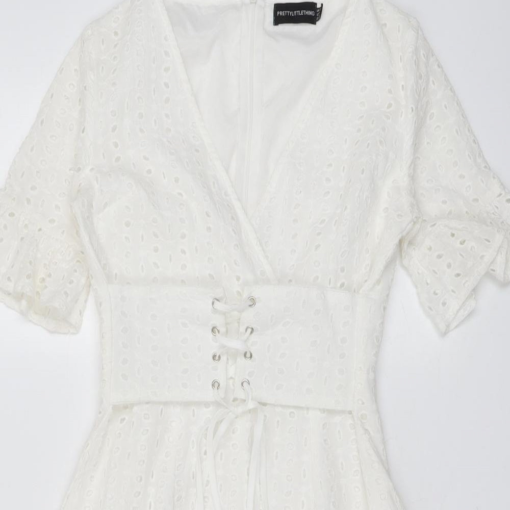PRETTYLITTLETHING Womens Ivory Geometric Cotton Mini Size 6 V-Neck Zip