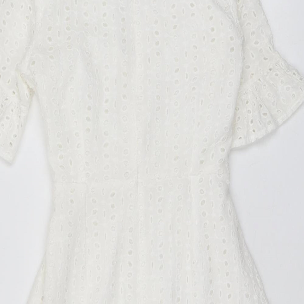 PRETTYLITTLETHING Womens Ivory Geometric Cotton Mini Size 6 V-Neck Zip