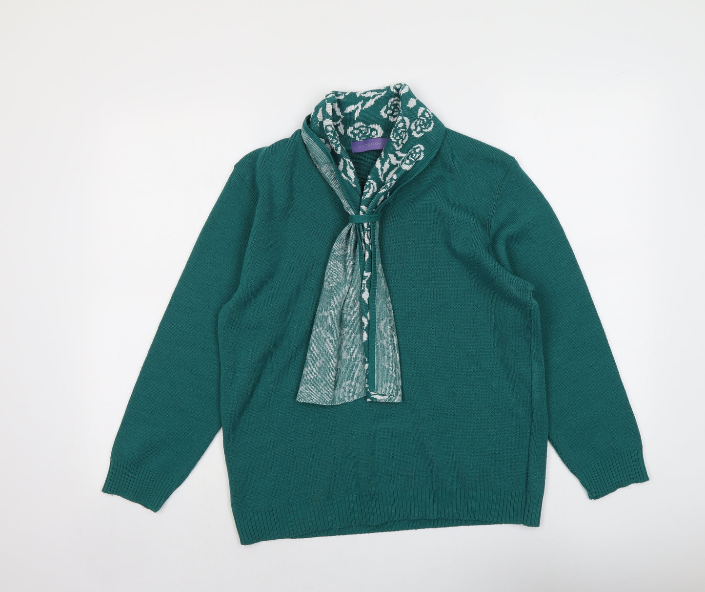 Autonomy Womens Green V-Neck Acrylic Pullover Jumper Size M - Scarf Neck Detail