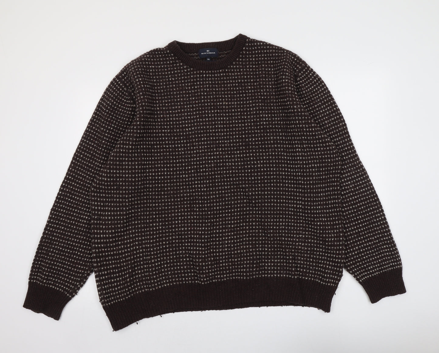 Blue Harbour Mens Brown Round Neck Geometric Wool Pullover Jumper Size 2XL Long Sleeve