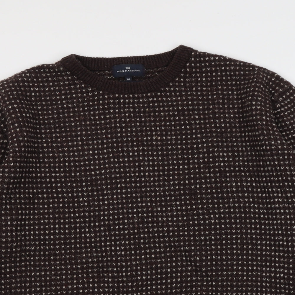 Blue Harbour Mens Brown Round Neck Geometric Wool Pullover Jumper Size 2XL Long Sleeve
