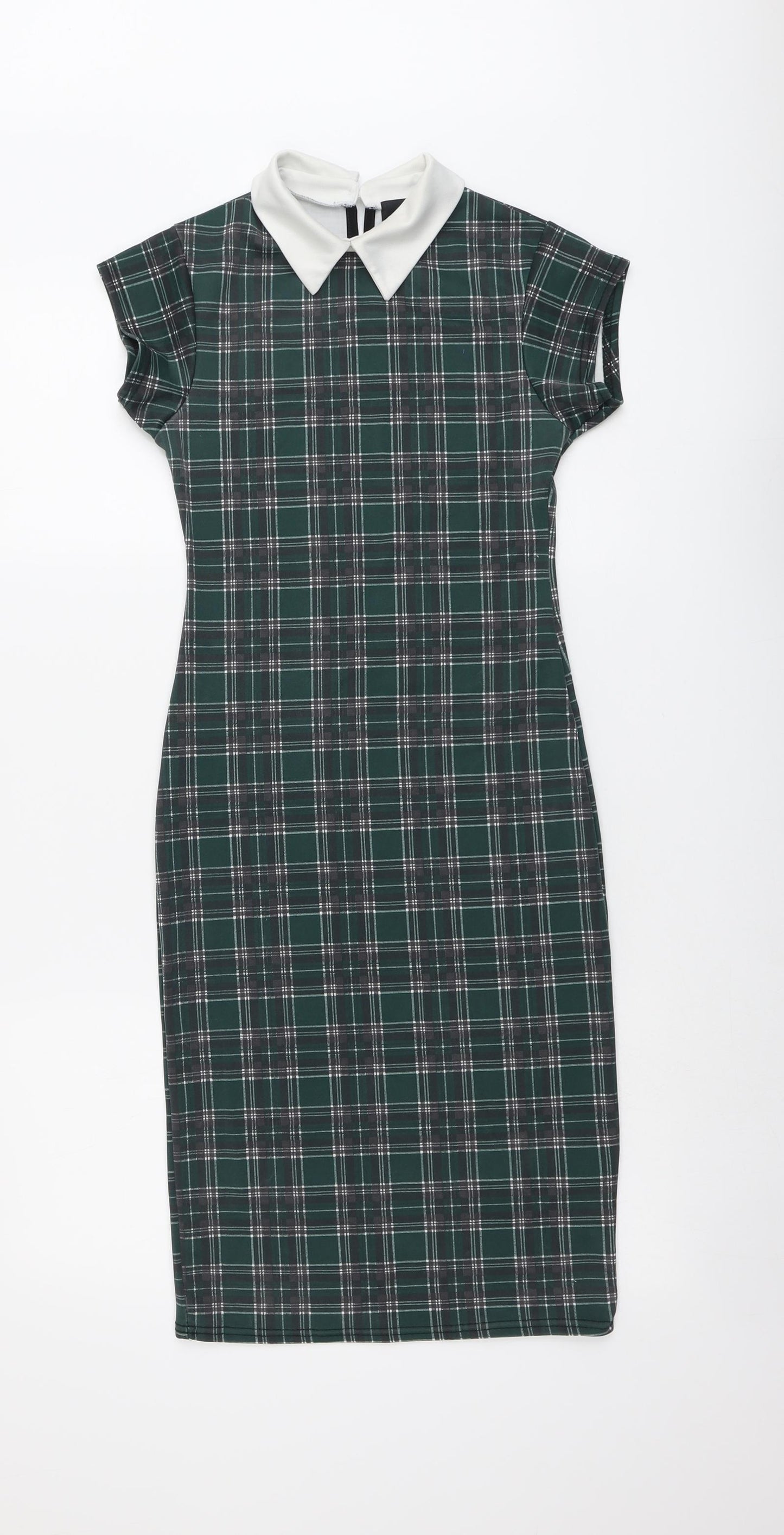 New Look Womens Green Plaid Polyester A-Line Size 8 Collared Button