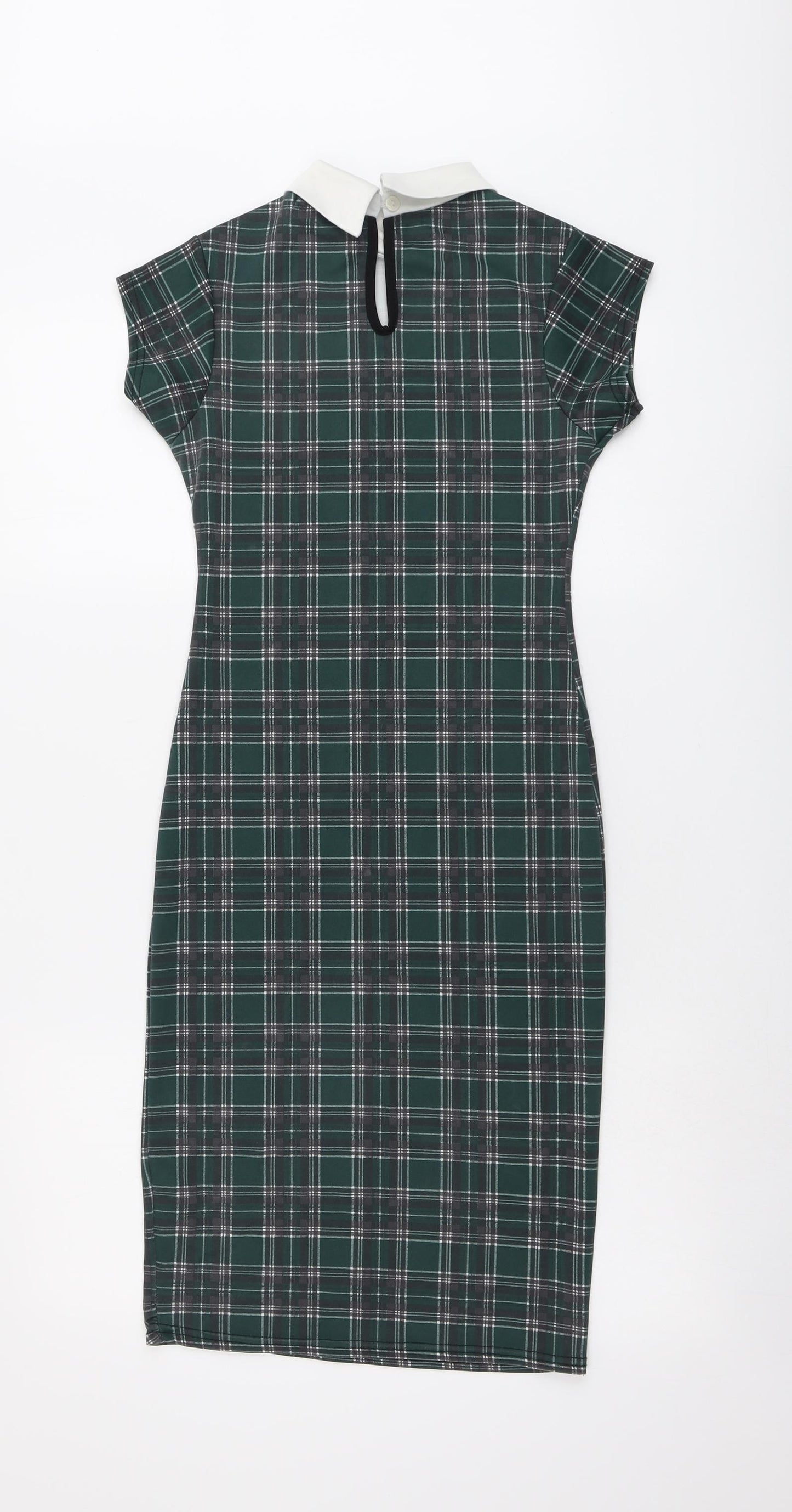 New Look Womens Green Plaid Polyester A-Line Size 8 Collared Button