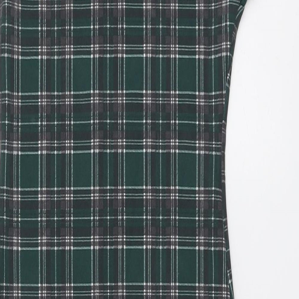 New Look Womens Green Plaid Polyester A-Line Size 8 Collared Button