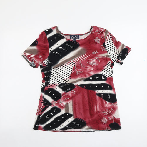 Saloos Womens Red Geometric Viscose Basic T-Shirt Size 12 Round Neck