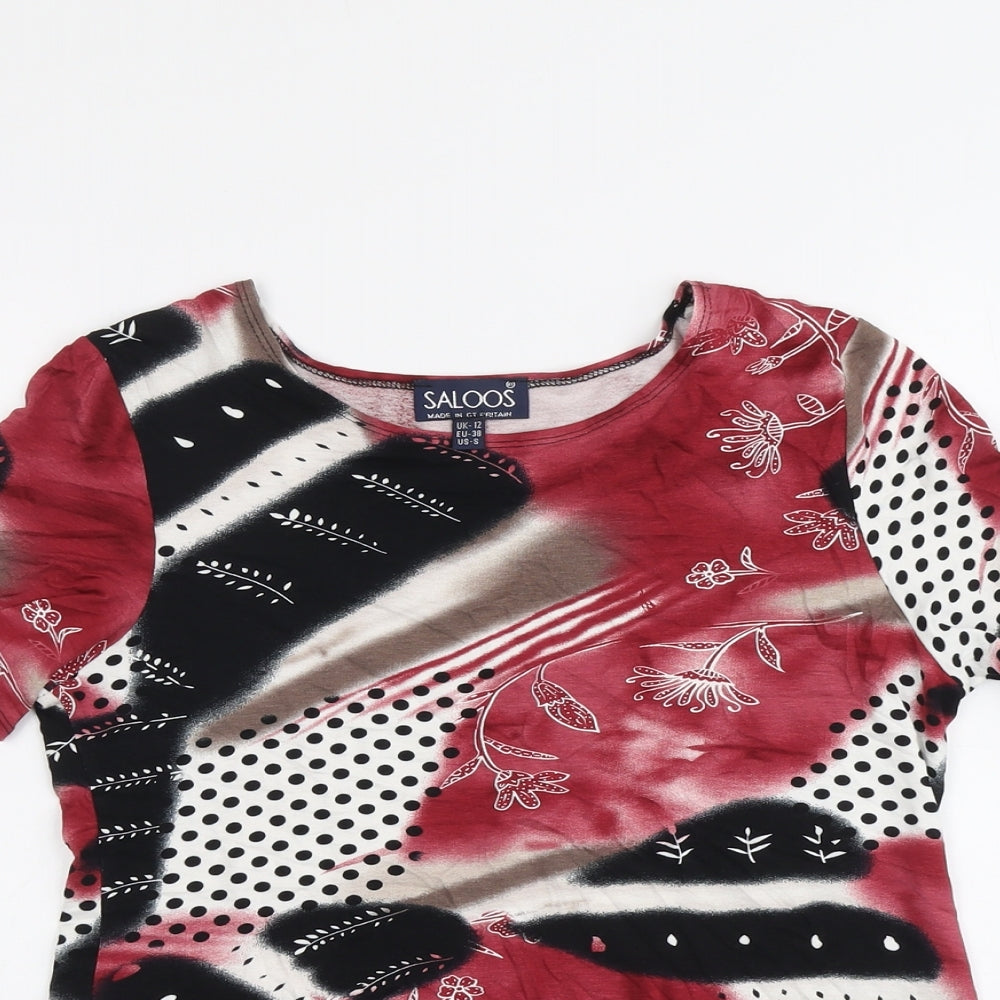 Saloos Womens Red Geometric Viscose Basic T-Shirt Size 12 Round Neck