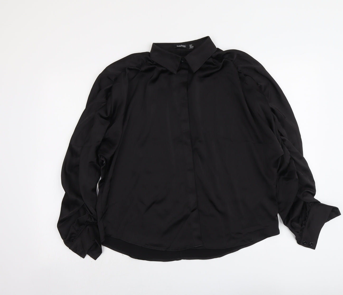 Boohoo Womens Black Polyester Basic Button-Up Size 10 Collared