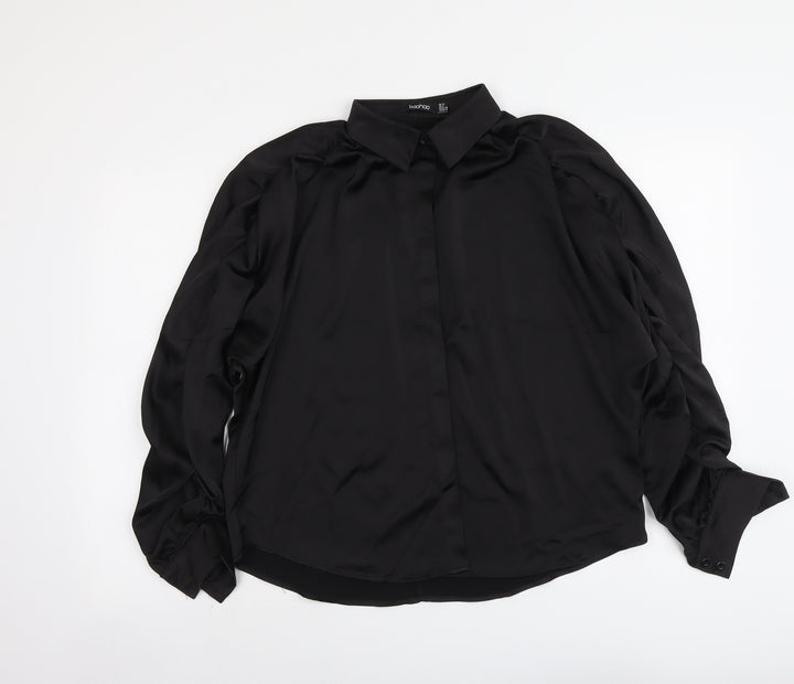 Boohoo Womens Black Polyester Basic Button-Up Size 10 Collared