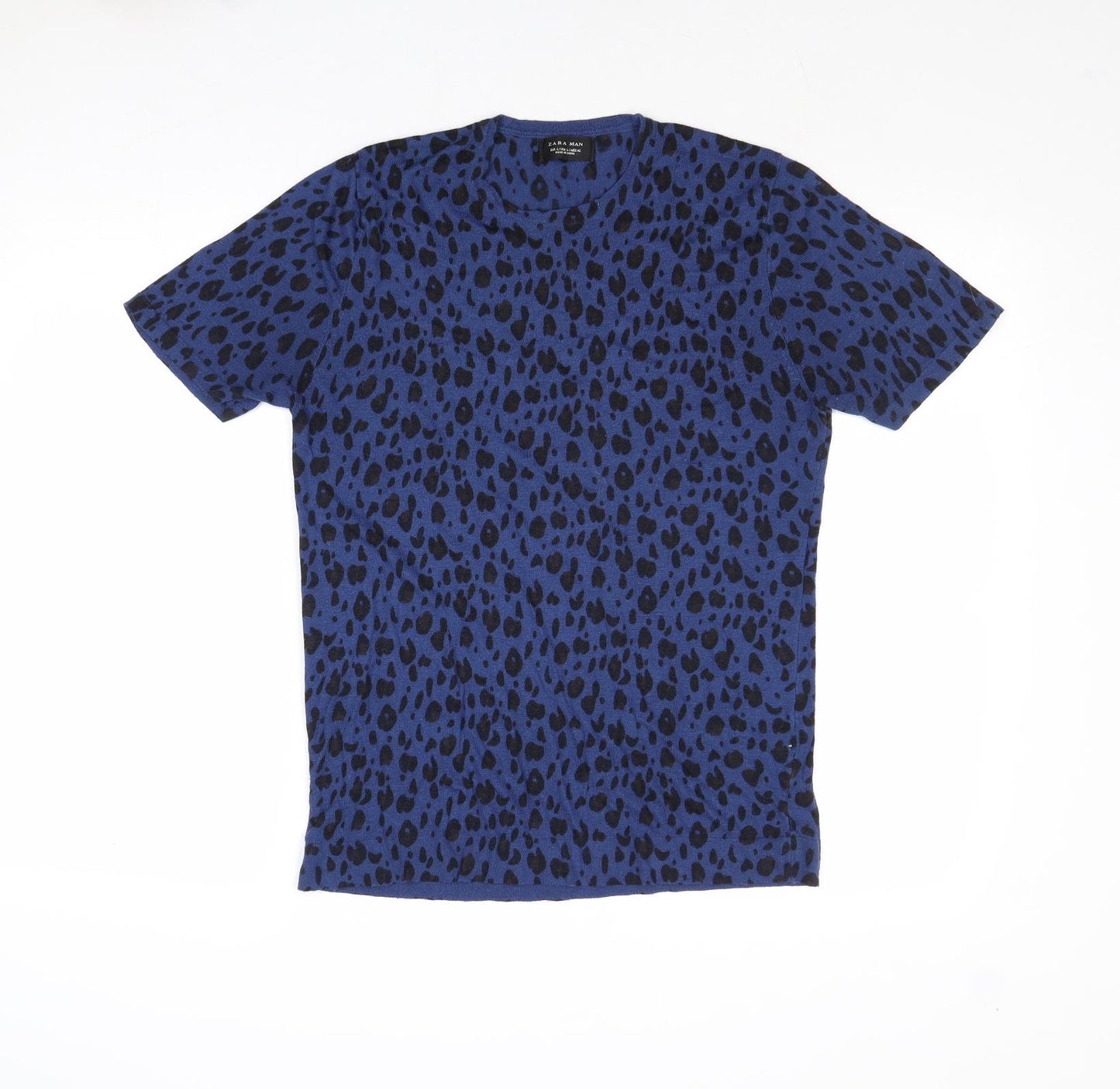 Zara Mens Blue Crew Neck Animal Print Viscose Pullover Jumper Size L Short Sleeve - Leopard Print