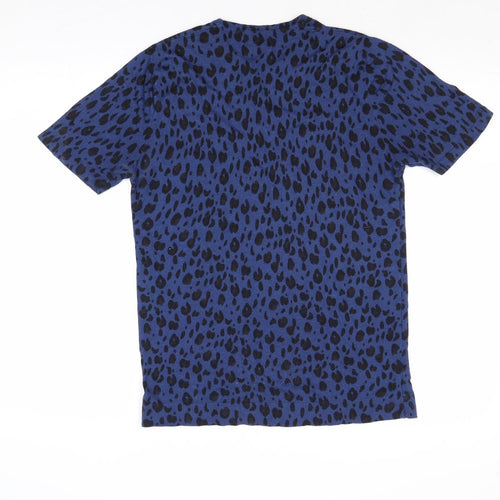 Zara Mens Blue Crew Neck Animal Print Viscose Pullover Jumper Size L Short Sleeve - Leopard Print