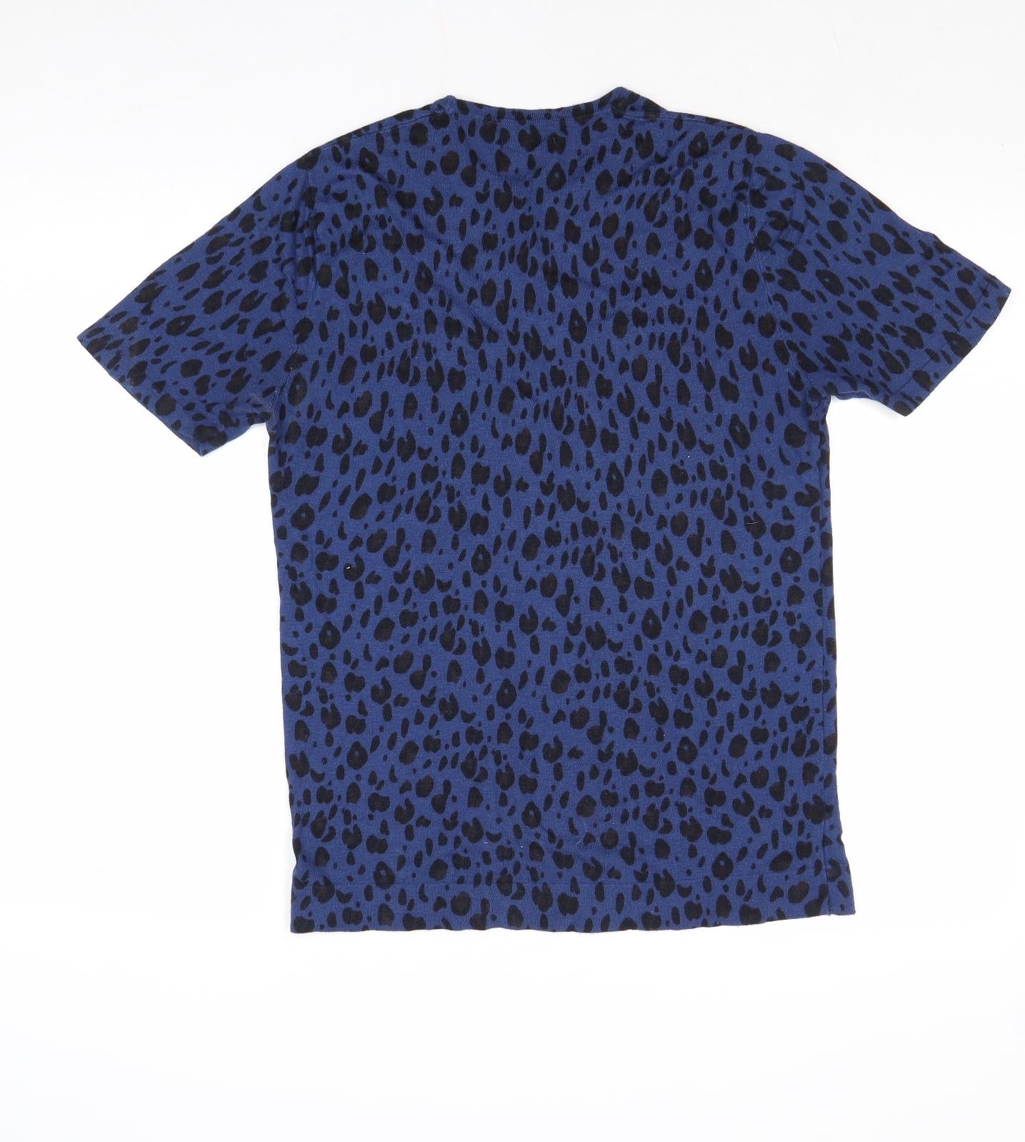 Zara Mens Blue Crew Neck Animal Print Viscose Pullover Jumper Size L Short Sleeve - Leopard Print