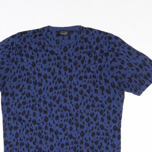 Zara Mens Blue Crew Neck Animal Print Viscose Pullover Jumper Size L Short Sleeve - Leopard Print