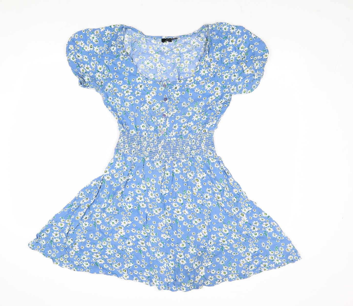 Love Womens Blue Floral Viscose Fit & Flare Size 10 Round Neck Button