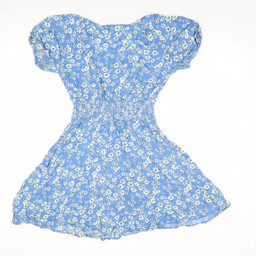 Love Womens Blue Floral Viscose Fit & Flare Size 10 Round Neck Button