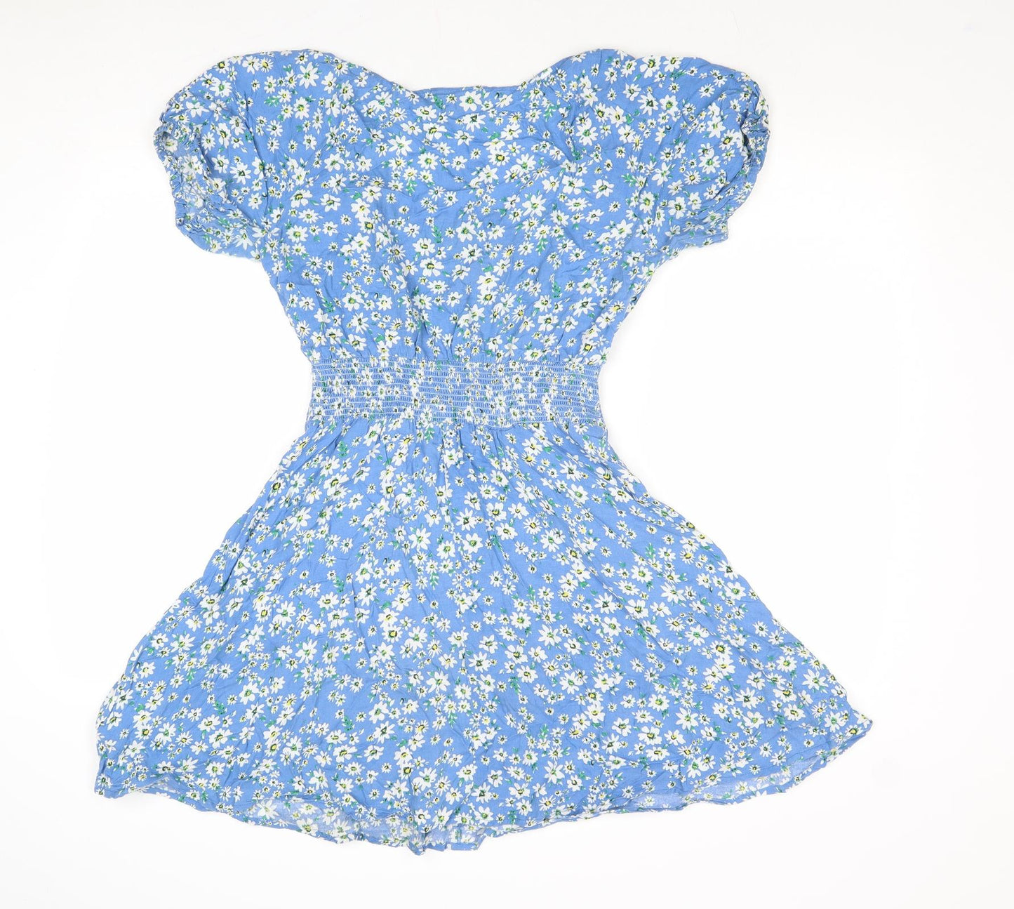 Love Womens Blue Floral Viscose Fit & Flare Size 10 Round Neck Button