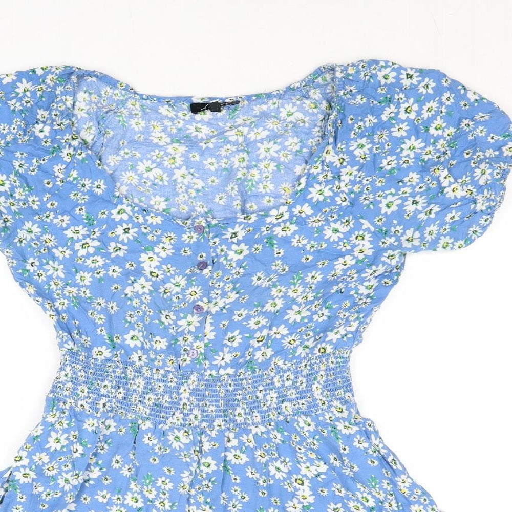 Love Womens Blue Floral Viscose Fit & Flare Size 10 Round Neck Button