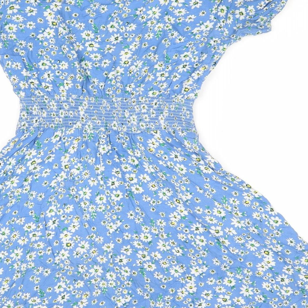 Love Womens Blue Floral Viscose Fit & Flare Size 10 Round Neck Button