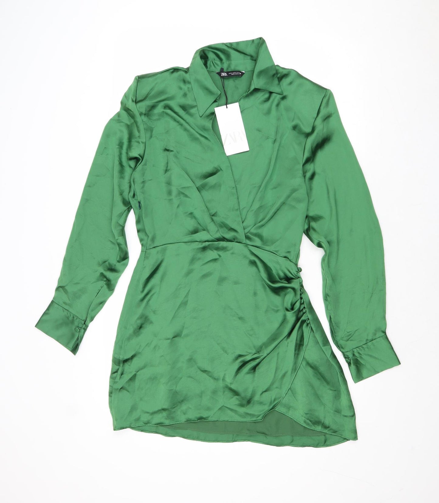 Zara Womens Green Polyester Shirt Dress Size M Collared Zip