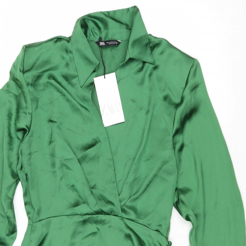 Zara Womens Green Polyester Shirt Dress Size M Collared Zip