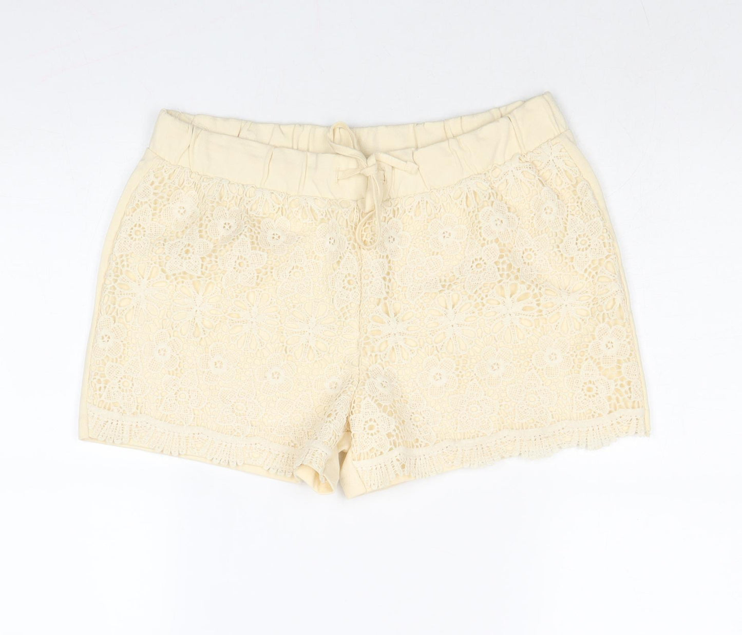 ESMARA Womens Beige Cotton Hot Pants Shorts Size 8 Regular Drawstring - Crocheted Lace Front