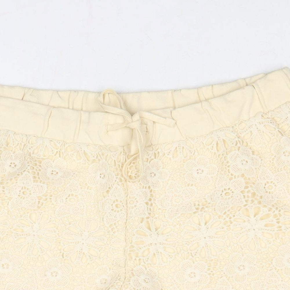 ESMARA Womens Beige Cotton Hot Pants Shorts Size 8 Regular Drawstring - Crocheted Lace Front