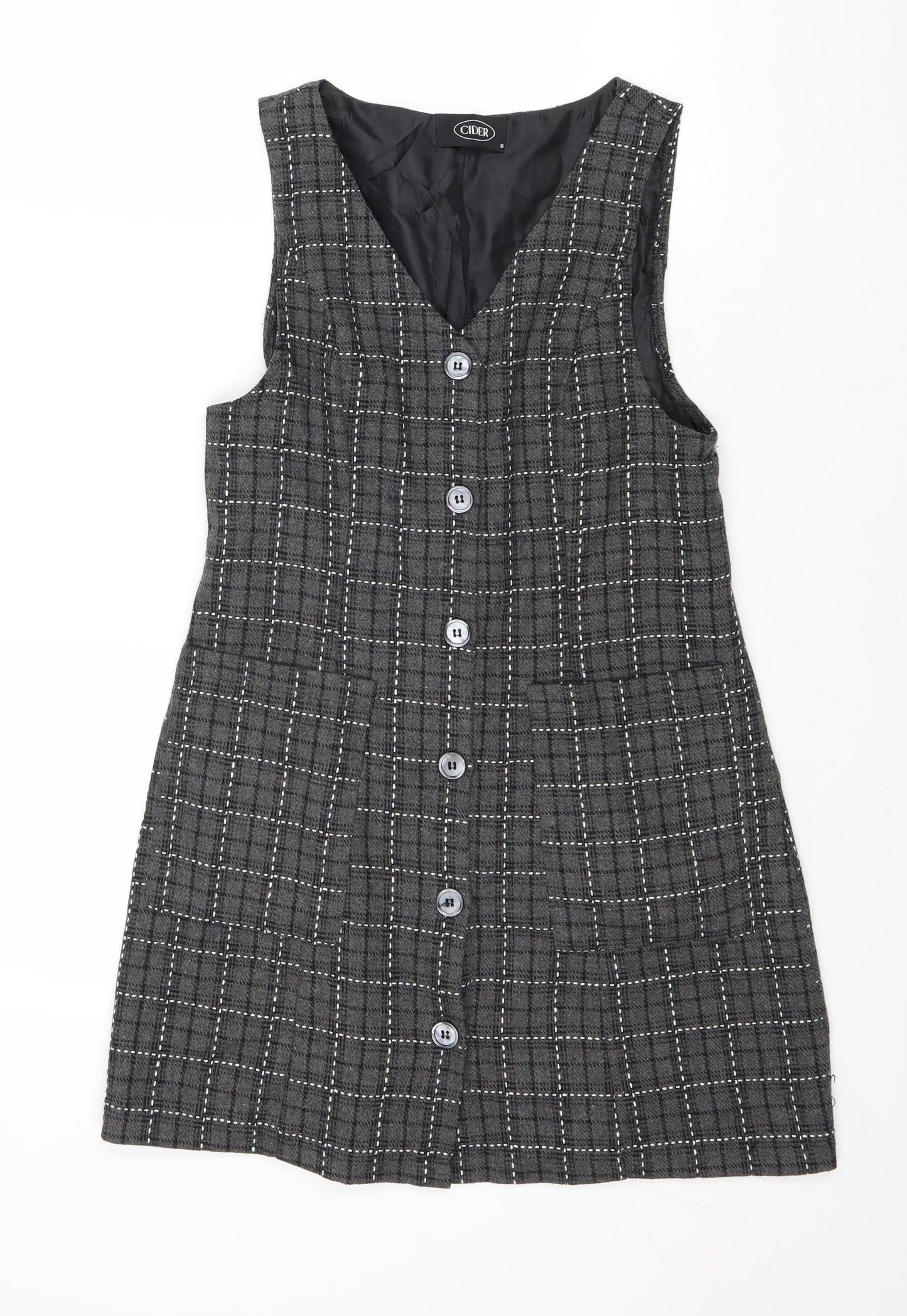 CIDER Womens Grey Plaid Polyester Pinafore/Dungaree Dress Size S V-Neck Button