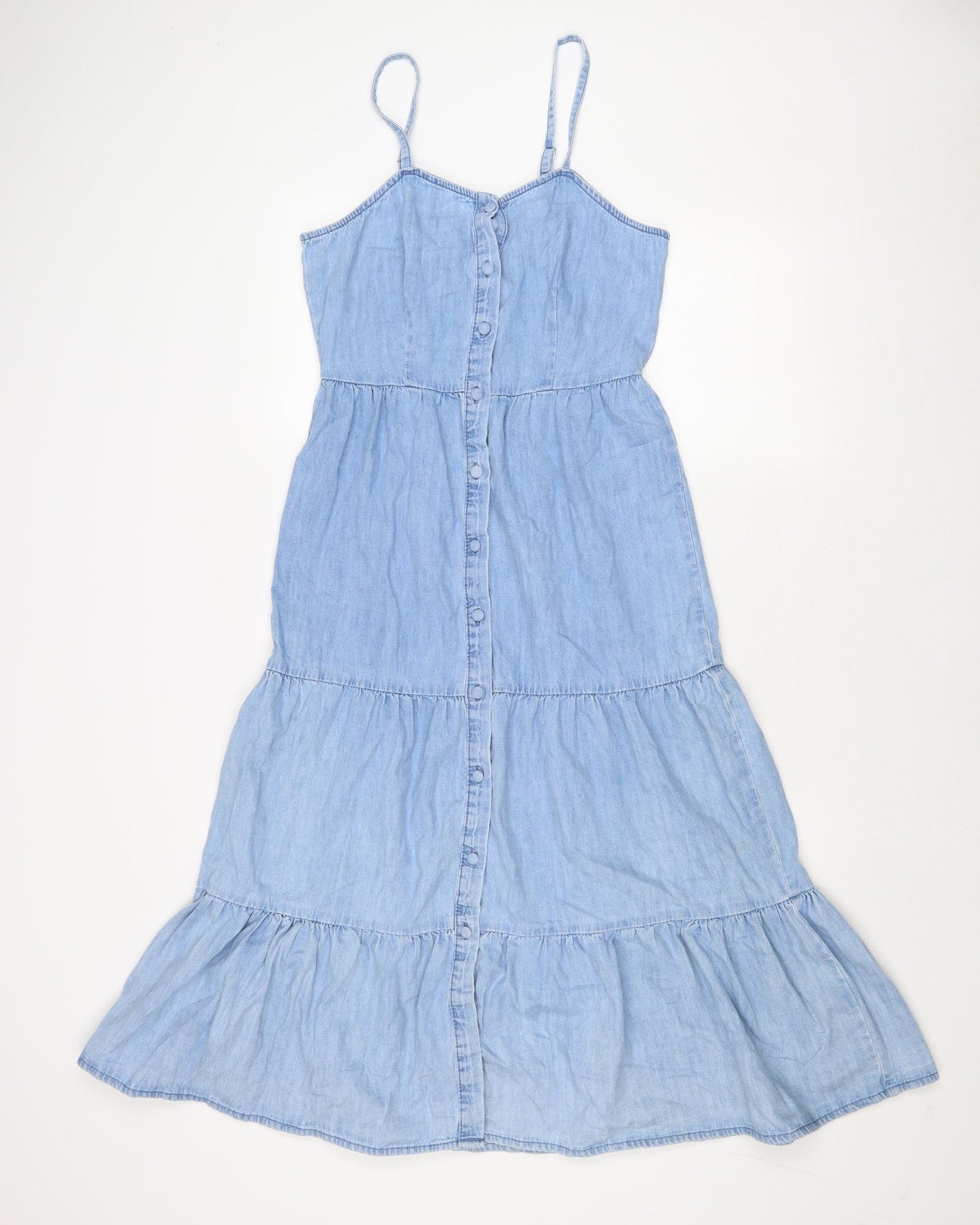 New Look Womens Blue Cotton Tank Dress Size 10 V-Neck Button